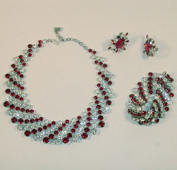 Lot image - Trifari Red/White Rhinestone Suite