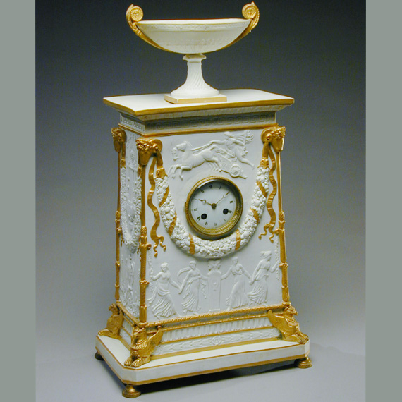 Lot image - Empire Style Gilt Decorated Bisque Porcelain Mantel Clock