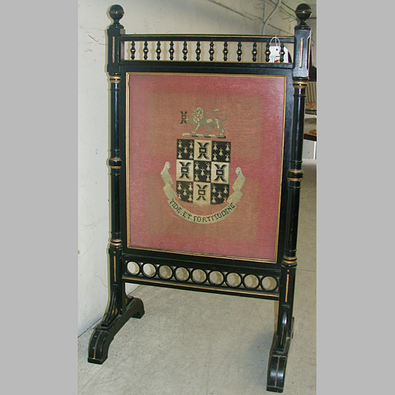 Lot image - Victorian Gilt Incised Walnut Needlepoint Fire Screen
