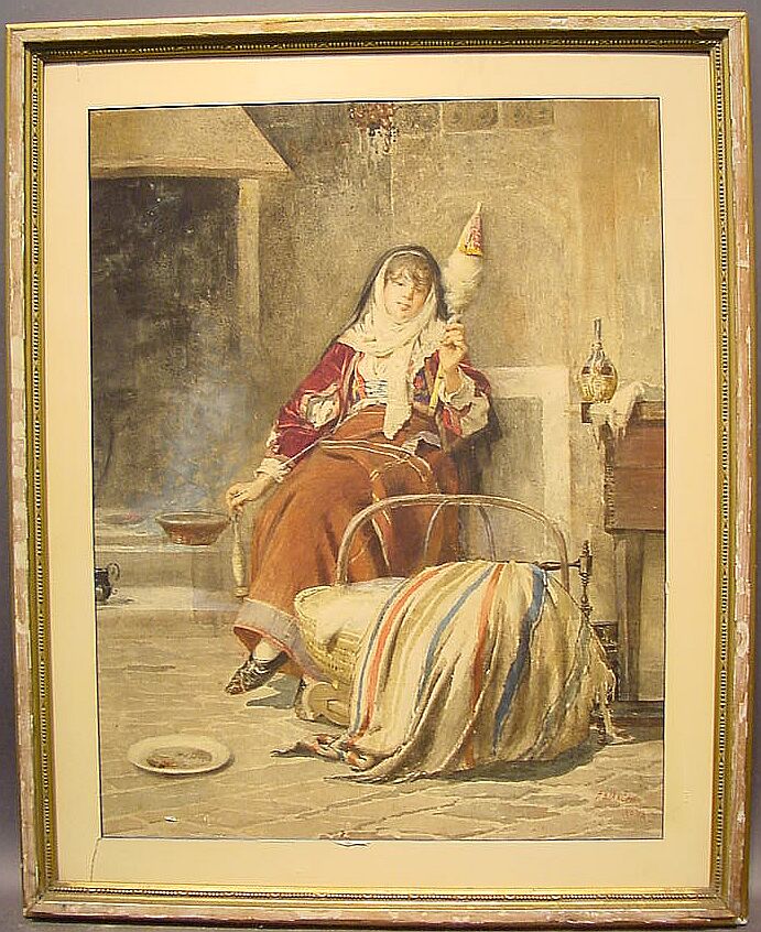 Lot image - P. Bianchi Italian, 19th/20th century WOMAN SPINNING IN AN INTERIOR