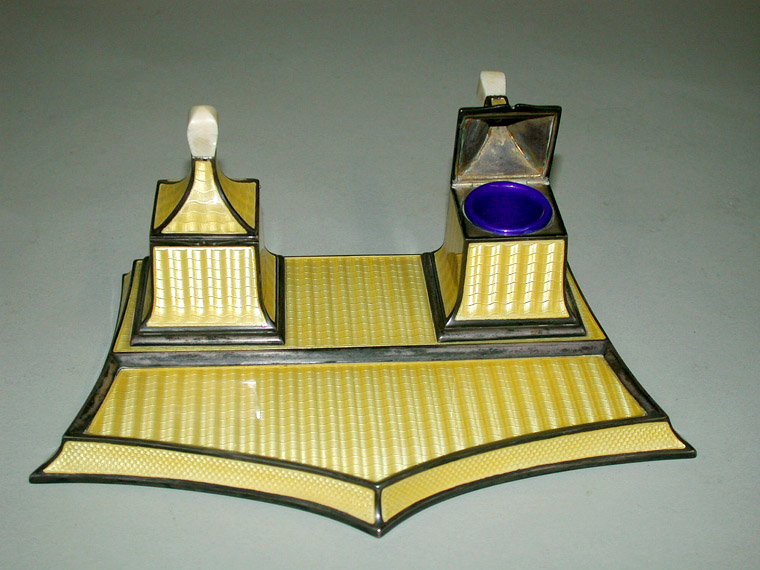 Lot image - French Sterling Silver and Enamel Inkstand