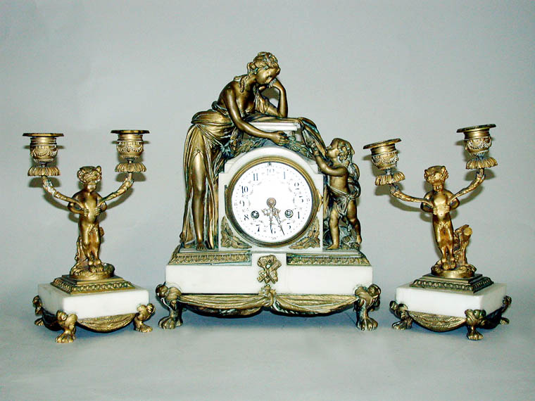 Lot image - Louis XV Style Gilt-Bronze Mounted Marble Clock Garniture