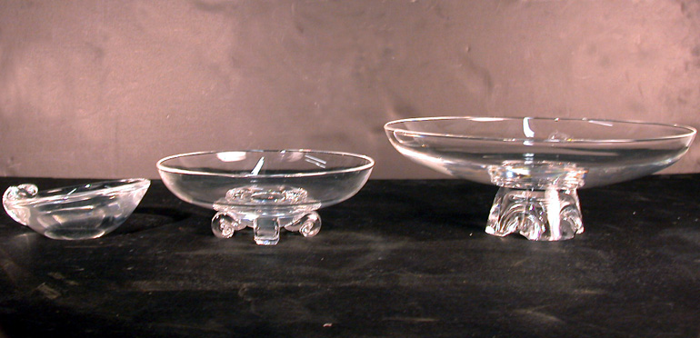 Lot image - Group of Three Steuben Glass Bowls Signed. Diameters 5-12 inches.