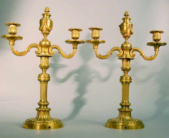 Lot image - Pair of Louis XVI Style Gilt-Bronze Three-Light Candelabra