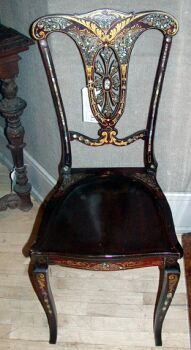 Lot image - Pair of Victorian Mother-of-Pearl Inlaid Mahogany Side Chairs