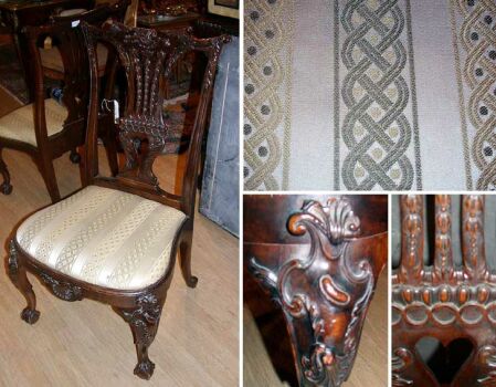 Lot image - Pair of George III Mahogany Side Chairs Each foliate carved crest rail above a bellflower chain and leaf carved pierced vasi...