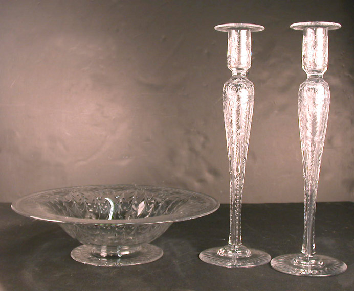 Lot image - Pair of Cut Glass Candlesticks Together with a Cut Glass Bowl en Suite