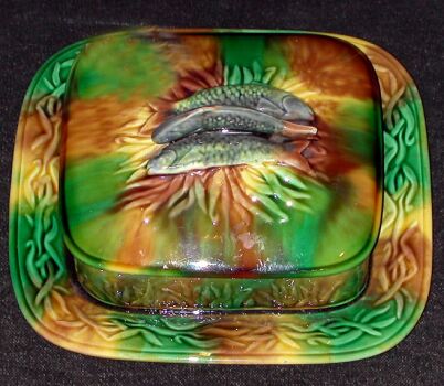 Lot image - Majolica Sardines Form Covered Serving Dish