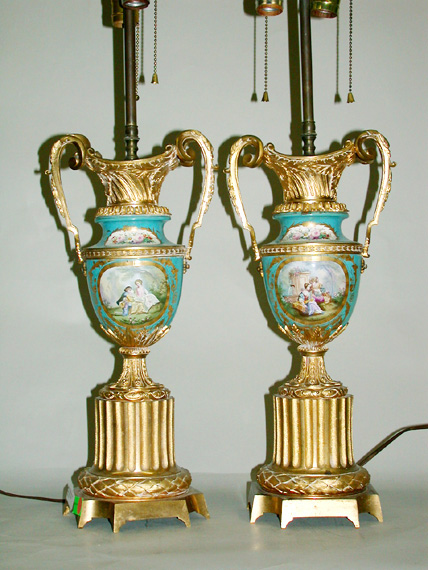 Lot image - Pair of Louis XVI Style Gilt-Bronze Mounted Sevres Style Porcelain Lamps