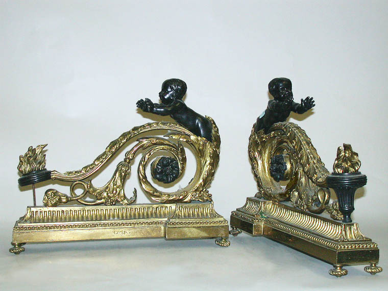 Lot image - Pair of Louis XVI Style Gilt and Patinated-Bronze Chenets