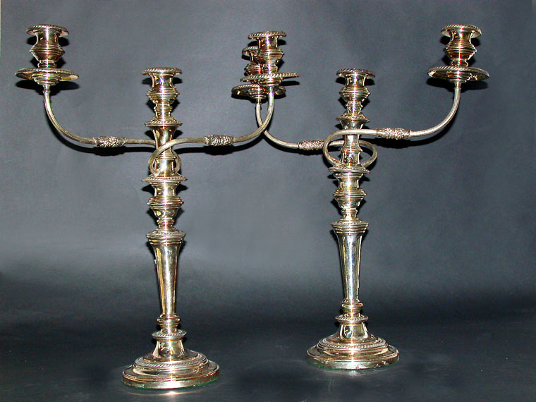 Lot image - Pair of Georgian Style Silver Plate Three-Light Candelabra