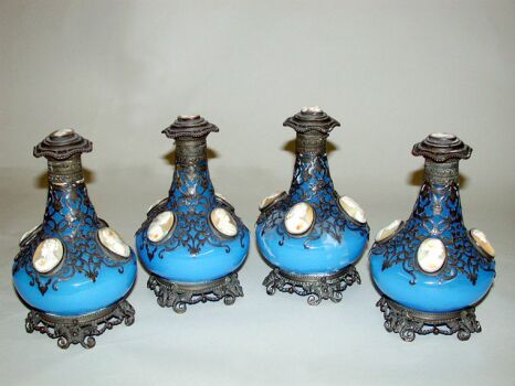 Lot image - Four Metal Mounted Glass Perfumes