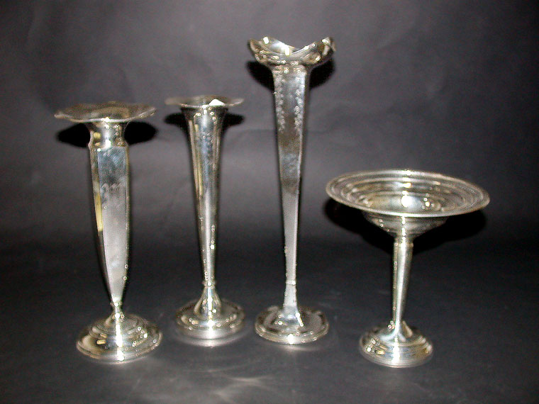Lot image - Three Sterling Silver Bud Vases and Sterling Silver Compote