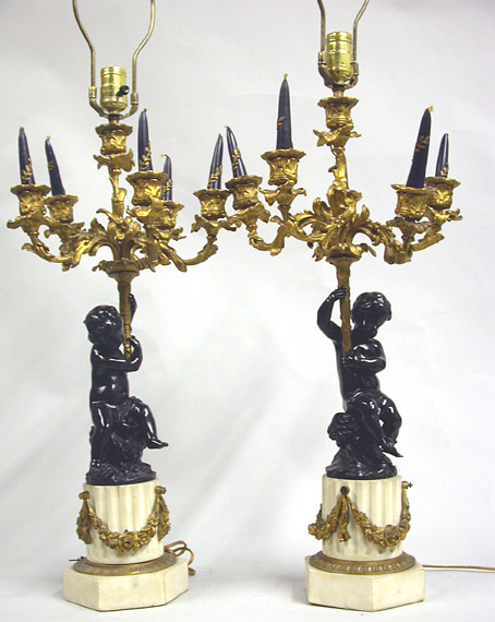 Lot image - Pair of Gilt and Patinated-Bronze and Marble Five-Light Candelabra