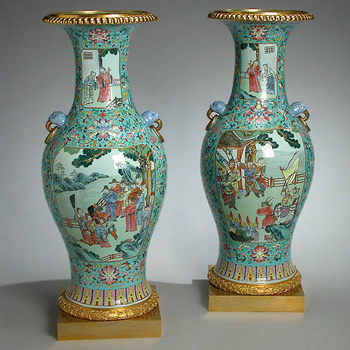 Lot image - Pair of Chinese Gilt-Bronze Mounted Famille Rose Palace Vases
