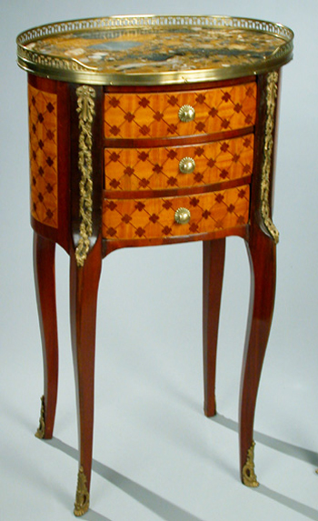 Lot image - Louis XV/XVI Style Gilt-Bronze Mounted Marquetry Inlaid Mahogany Table a Chiffonniere