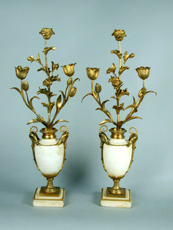 Lot image - Pair of Louis XVI Style Gilt-Bronze and Marble Three-Light Candelabra