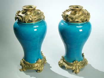 Lot image - Pair of Louis XV Style Gilt-Bronze Mounted Chinese Turquoise Glaze Lamps