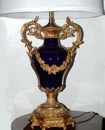 Lot image - Pair of Louis XV Style Gilt-Bronze Mounted Cobalt Porcelain Urns