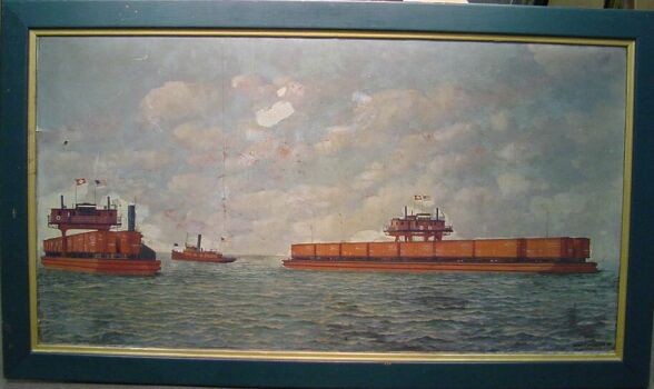 Lot image - Antonio Nicolo Gasparo Jacobsen American, 1850-1921 VIEW OF NEW YORK, PHILADELPHIA & NORFOLK RAILROAD BARGES AND THE TUGBOAT POCOMO