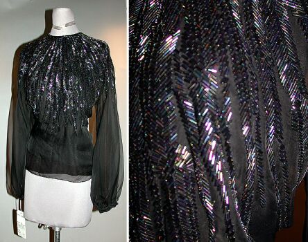 Lot image - Halston Black Beaded Organza Blouse