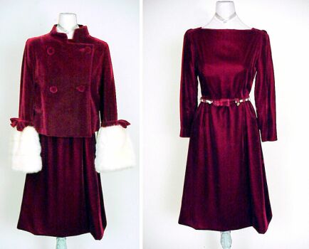 Lot image - Arnold Scaasi Claret Velvet and Mink Ensemble 1960s