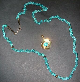 Lot image - Nugget Turquoise Necklace with Pendant  The necklace set at intervals with 18 kt. yellow gold rondels and suspending an 18...