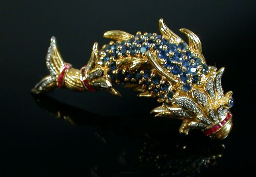 Lot image - Diamond, Sapphire and Ruby Fish Pin