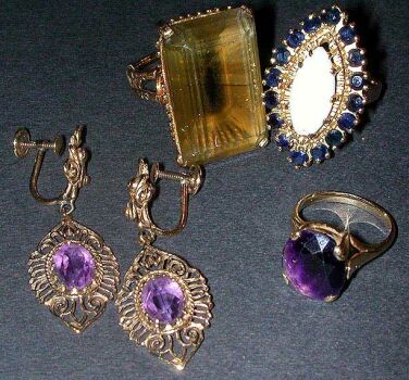 Lot image - Group of Assorted Gold Jewelry  14 kt. yellow gold, comprising three rings, set with assorted stones and a pair of pendant...