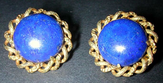 Lot image - Pair of Lapis Lazuli Earclips  Each 14 kt. yellow gold mount of twisted wire design, set to the center with a lapis lazuli...