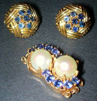 Lot image - Gold, Sapphire and Cultured Pearl Earring, Ring and Clasp Set