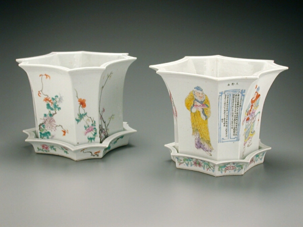 Lot image - COMPANION PAIR OF CHINESE FAMILLE ROSE PORCELAIN OCTAGONAL TRUMPET-FORM PLANTERS AND STANDS  Four-Character Yongzheng Mark on one, 19th