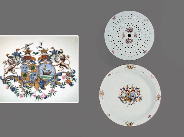 Lot image - CHINESE EXPORT PORCELAIN MARRIAGE ARMORIAL CIRCULAR PLATTER AND MAZARINE WITH THE ARMS OF ARNOLDUS ADRIANUS VAN TETS AND WILHELMINA...