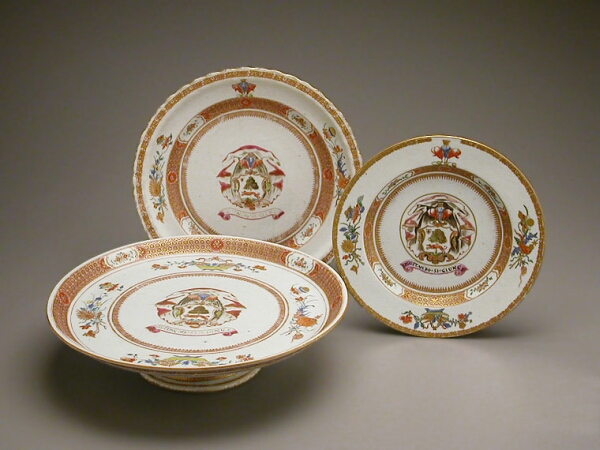 Lot image - CHINESE EXPORT PORCELAIN ARMORIAL TAZZA, PLATE AND SMALL PLATE WITH THE ARMS OF SIR JOHN LAMBERT  Circa 1722  Diameters 12 1/8, 10 1/2,