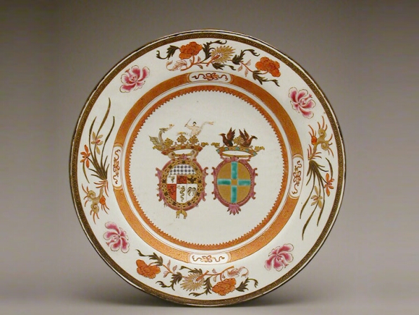Lot image - CHINESE EXPORT ENAMELED PORCELAIN DISH FOR THE ITALIAN MARKET WITH THE ARMS OF VISCONTI AND CUSANI  Circa 1722  Diameter 12 1/4 inches
