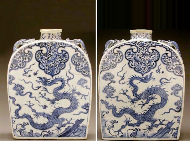 Lot image - MASSIVE BLUE AND WHITE PORCELAIN PILGRIM FLASK  Yuan Dynasty, circa 1345  Height 14 1/2 inches (36.7 cm)