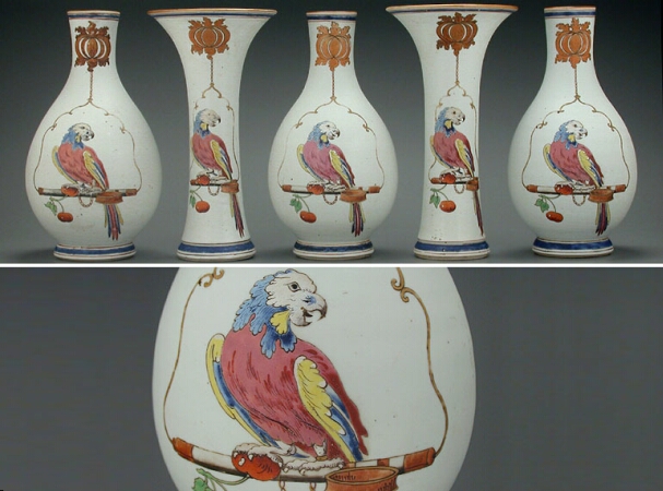Lot image - RARE CHINESE EXPORT FAMILLE ROSE PORCELAIN FIVE-PIECE PRONK GARNITURE  Circa 1740  Height of beakers 11 1/4 inches (28.5 cm); heigh