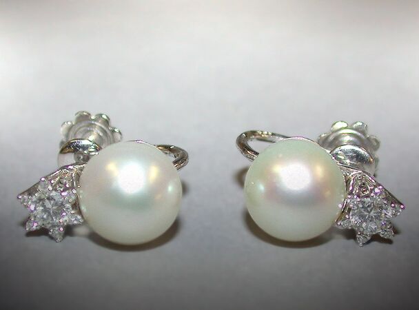 Lot image - Pair of Cultured Pearl and Diamond Earrings