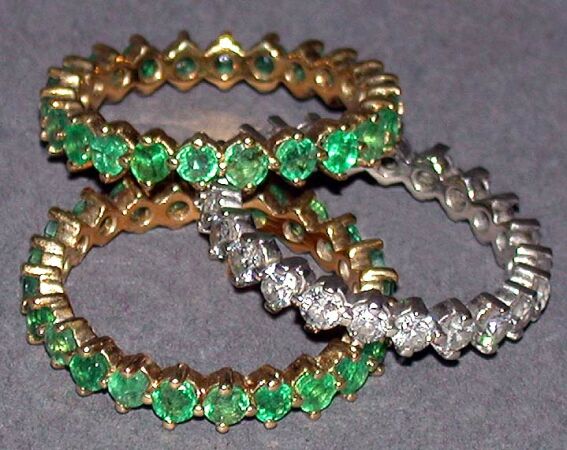Lot image - Diamond Wedding Band and Two Emerald Guard Rings