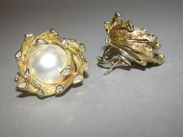 Lot image - Pair of Large Mabe Pearl and Diamond Earclips