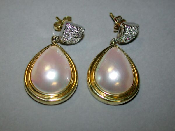 Lot image - Pair of Mabe Pearl and Diamond Earclips
