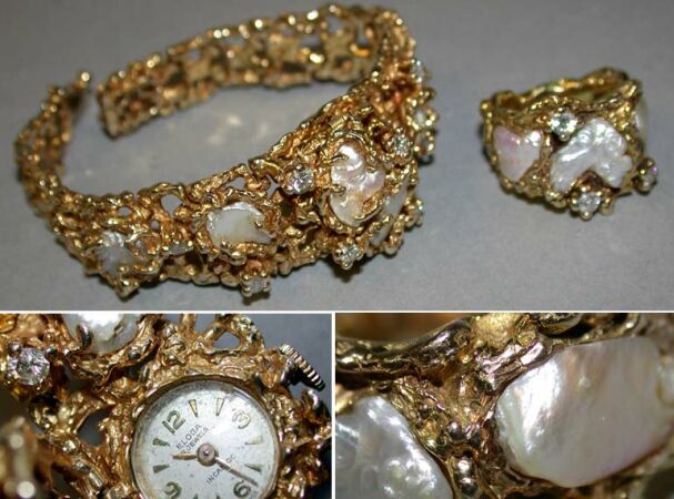 Lot image - Ladys Diamond and Pearl Wristwatch and Ring Set