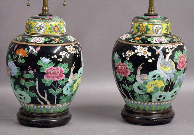 Lot image - Pair of Chinese Porcelain Famille Rose Porcelain Ginger Jars