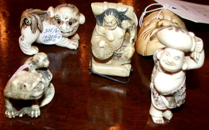 Lot image - Group of Four Japanese Ivory Okimono; Together with an Ivory Mask