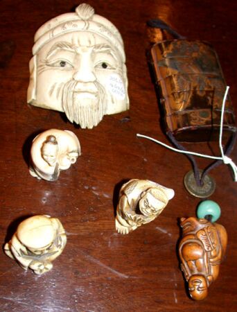 Lot image - Group of Three Japanese Ivory Okimono; Together with an Ivory Mask and a Lacquered Inro