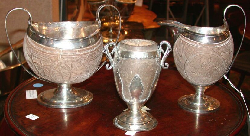 Lot image - Group of Three Silver Plated Coconut Articles