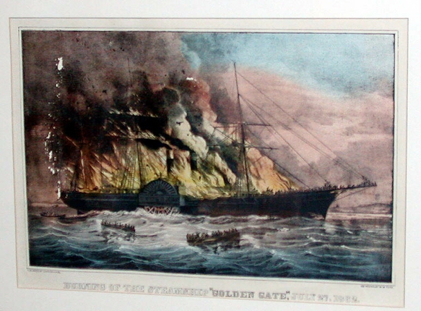 Lot image - Currier & Ives, publishers BURNING OF THE STEAMSHIP GOLDEN GATE Hand-colored lithograph