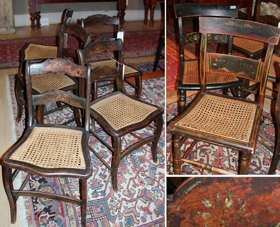 Lot image - Set of Five Painted Fancy Chairs Each with caned seat; Together with a Pair of Painted Fancy Chairs.