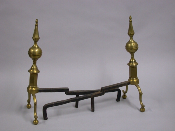 Lot image - Pair of Federal Brass Steeple-Top Andirons John Bailey, New York, circa 1800