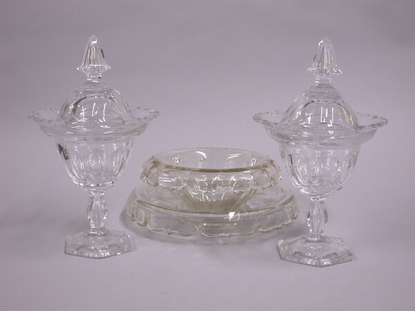 Lot image - Pair of Glass Covered Compotes; Together with a Similar Glass Serving Bowl and Underplate